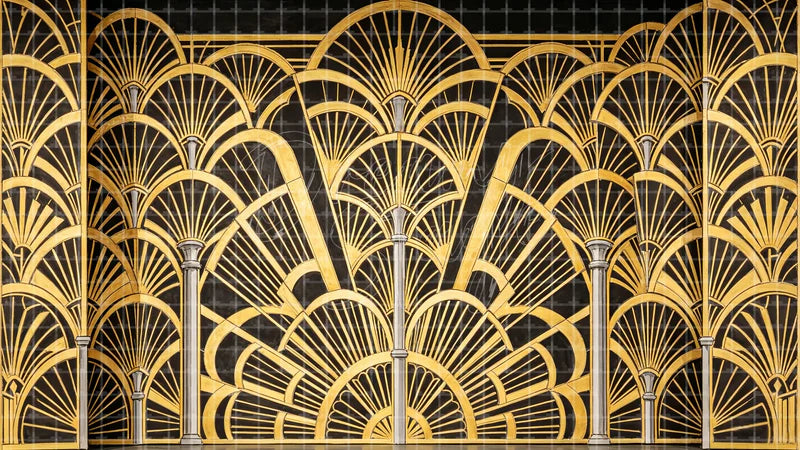 Art Deco Gold Fan Wall digital stage backdrop for theatre projection, dance recital, school musical, community theatre, LED screen background, and printable stage scenery. Suitable for The Great Gatsby, Great Gatsby, Chicago inspired productions,