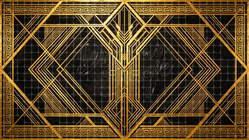 Black Gold Geometric Art Deco digital stage backdrop for theatre projection, dance recital, school musical, community theatre, LED screen background, and printable stage scenery. Suitable for The Great Gatsby, Great Gatsby, Chicago inspired productions,