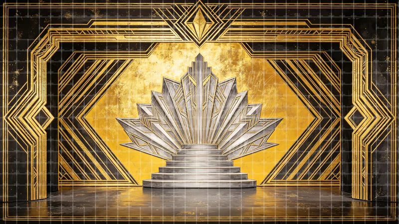 Art Deco Shell Staircase digital stage backdrop for theatre projection, dance recital, school musical, community theatre, LED screen background, and printable stage scenery. Suitable for The Great Gatsby, Great Gatsby, Chicago inspired productions,