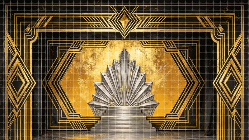 Gold Gatsby Shell digital stage backdrop for theatre projection, dance recital, school musical, community theatre, LED screen background, and printable stage scenery. Suitable for The Great Gatsby, Great Gatsby, Chicago inspired productions,