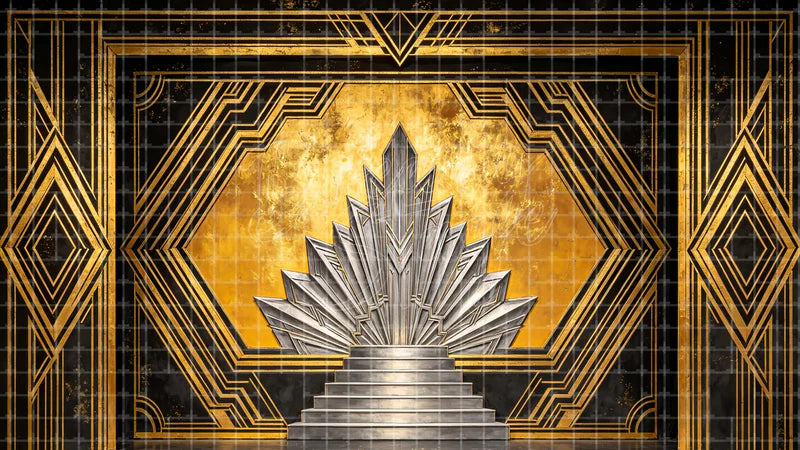 Art Deco Staircase Centerpiece digital stage backdrop for theatre projection, dance recital, school musical, community theatre, LED screen background, and printable stage scenery. Suitable for The Great Gatsby, Great Gatsby, Chicago inspired productions,