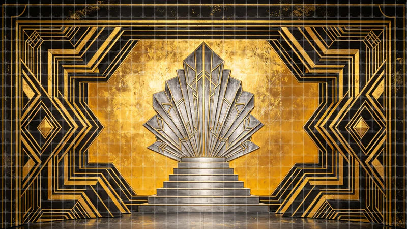 Golden Deco Shell Entrance digital stage backdrop for theatre projection, dance recital, school musical, community theatre, LED screen background, and printable stage scenery. Suitable for The Great Gatsby, Great Gatsby, Chicago inspired productions,