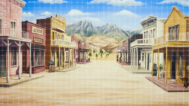 Western Town Main Street digital stage backdrop for theatre projection, dance recital, school musical, community theatre, LED screen background, and printable stage scenery. Suitable for Oklahoma!, Oklahoma, Annie Get Your Gun inspired productions,