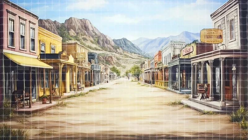 Old West Street digital stage backdrop for theatre projection, dance recital, school musical, community theatre, LED screen background, and printable stage scenery. Suitable for Oklahoma!, Oklahoma, Annie Get Your Gun inspired productions,