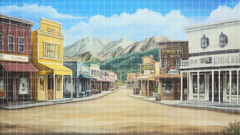 Frontier Town Street digital stage backdrop for theatre projection, dance recital, school musical, community theatre, LED screen background, and printable stage scenery. Suitable for Oklahoma!, Oklahoma, Annie Get Your Gun inspired productions,