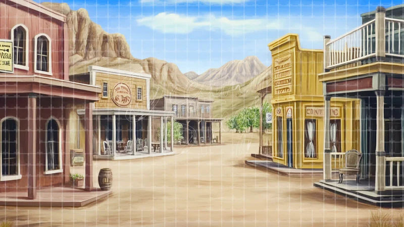 Wild West Storefront digital stage backdrop for theatre projection, dance recital, school musical, community theatre, LED screen background, and printable stage scenery. Suitable for Oklahoma!, Oklahoma, Annie Get Your Gun inspired productions,