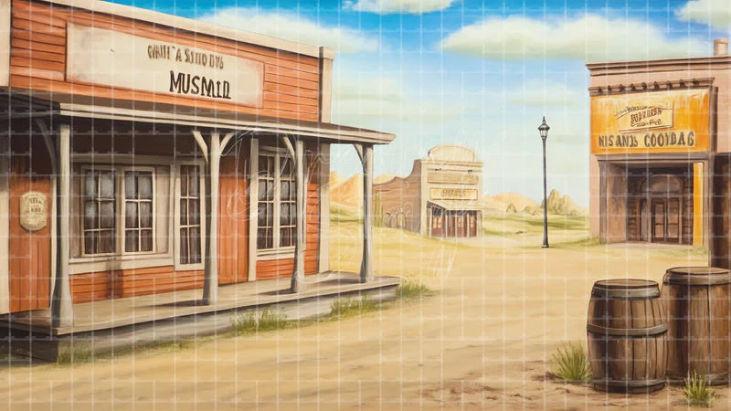 Desert Western Street digital stage backdrop for theatre projection, dance recital, school musical, community theatre, LED screen background, and printable stage scenery. Suitable for Oklahoma!, Oklahoma, Annie Get Your Gun inspired productions,