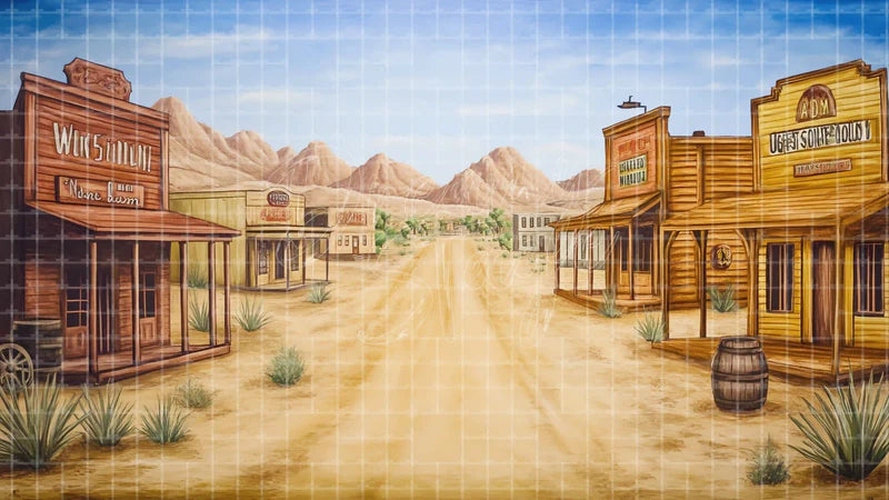 Western Saloon Street digital stage backdrop for theatre projection, dance recital, school musical, community theatre, LED screen background, and printable stage scenery. Suitable for Oklahoma!, Oklahoma, Annie Get Your Gun inspired productions,
