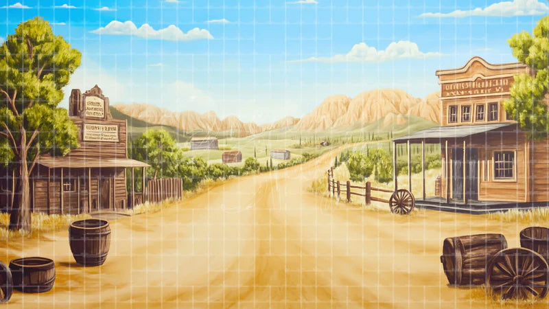 Dusty Western Town Road digital stage backdrop for theatre projection, dance recital, school musical, community theatre, LED screen background, and printable stage scenery. Suitable for Oklahoma!, Oklahoma, Annie Get Your Gun inspired productions,