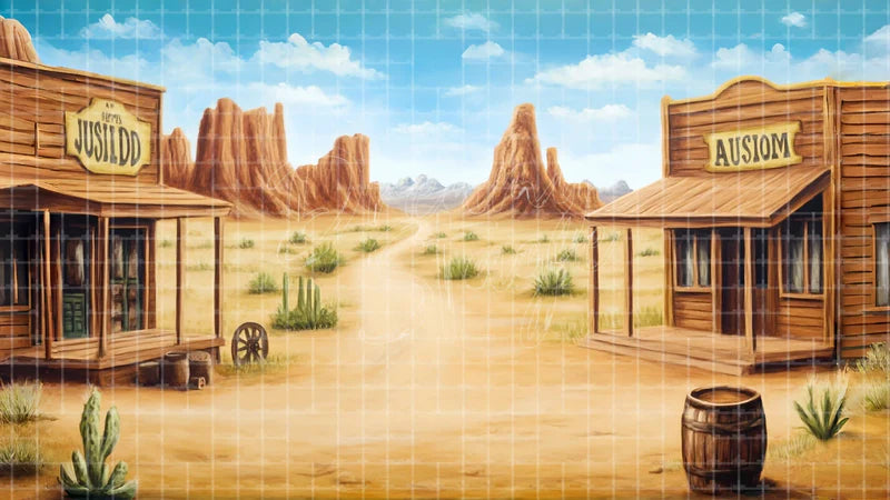 Old West Main Street digital stage backdrop for theatre projection, dance recital, school musical, community theatre, LED screen background, and printable stage scenery. Suitable for Oklahoma!, Oklahoma, Annie Get Your Gun inspired productions,