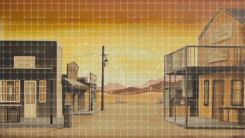 Sunset Western Storefront digital stage backdrop for theatre projection, dance recital, school musical, community theatre, LED screen background, and printable stage scenery. Suitable for Oklahoma!, Oklahoma, Annie Get Your Gun inspired productions,