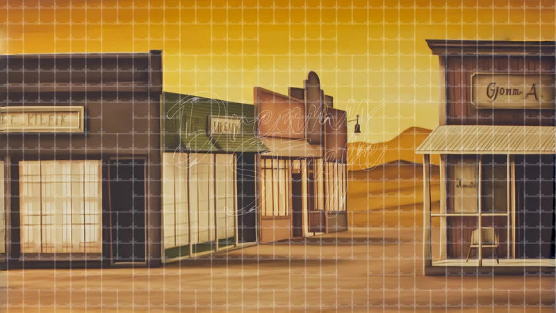 Western Ghost Town Street digital stage backdrop for theatre projection, dance recital, school musical, community theatre, LED screen background, and printable stage scenery. Suitable for Oklahoma!, Oklahoma, Annie Get Your Gun inspired productions,