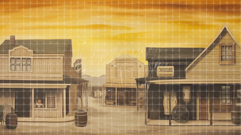 Old Western Town Buildings digital stage backdrop for theatre projection, dance recital, school musical, community theatre, LED screen background, and printable stage scenery. Suitable for Oklahoma!, Oklahoma, Annie Get Your Gun inspired productions,