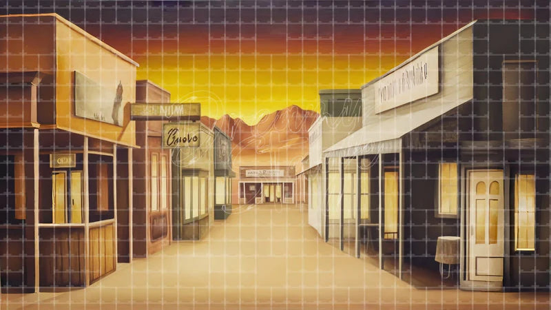 Frontier Street Perspective digital stage backdrop for theatre projection, dance recital, school musical, community theatre, LED screen background, and printable stage scenery. Suitable for Oklahoma!, Oklahoma, Annie Get Your Gun inspired productions,