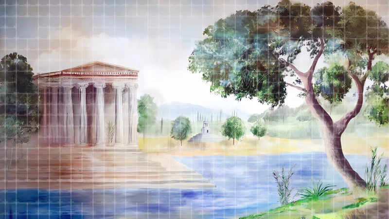 Ancient Greek Temple Lake digital stage backdrop for theatre projection, dance recital, school musical, community theatre, LED screen background, and printable stage scenery. Suitable for Hadestown, Hercules, The Odyssey inspired productions,