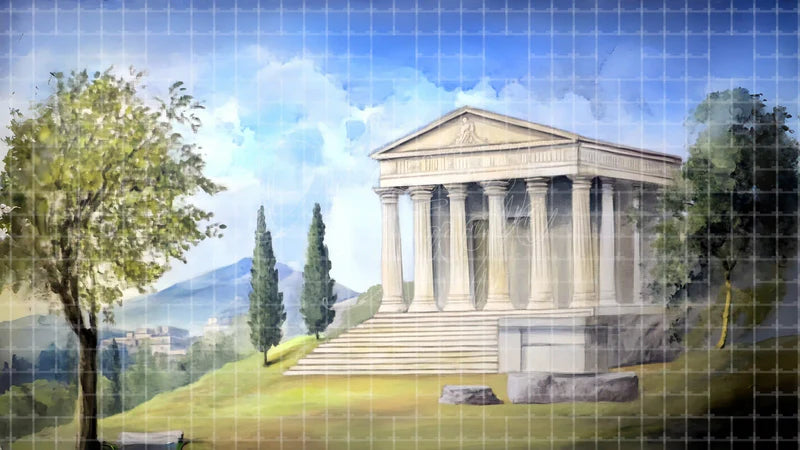Greek Temple Garden digital stage backdrop for theatre projection, dance recital, school musical, community theatre, LED screen background, and printable stage scenery. Suitable for Hadestown, Hercules, The Odyssey inspired productions,