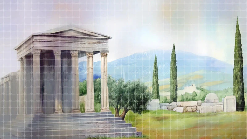 Ancient Temple Ruins digital stage backdrop for theatre projection, dance recital, school musical, community theatre, LED screen background, and printable stage scenery. Suitable for Hadestown, Hercules, The Odyssey inspired productions,