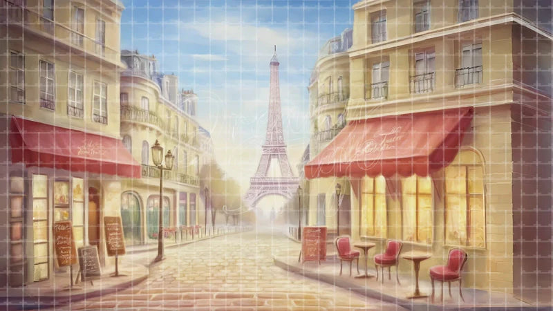 Paris Cafe Street digital stage backdrop for theatre projection, dance recital, school musical, community theatre, LED screen background, and printable stage scenery. Suitable for An American in Paris, American in Paris, Les Misérables inspired productions,