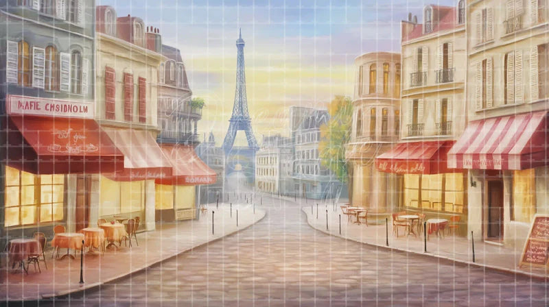 French Street Cafe digital stage backdrop for theatre projection, dance recital, school musical, community theatre, LED screen background, and printable stage scenery. Suitable for An American in Paris, American in Paris, Les Misérables inspired productions,