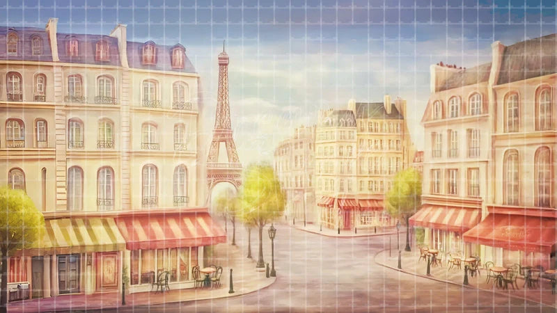 Paris Boulevard With Eiffel Tower digital stage backdrop for theatre projection, dance recital, school musical, community theatre, LED screen background, and printable stage scenery. Suitable for An American in Paris, American in Paris, Les Misérables inspired productions,