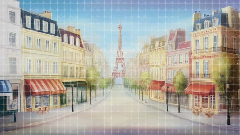 Soft Paris Street digital stage backdrop for theatre projection, dance recital, school musical, community theatre, LED screen background, and printable stage scenery. Suitable for An American in Paris, American in Paris, Les Misérables inspired productions,