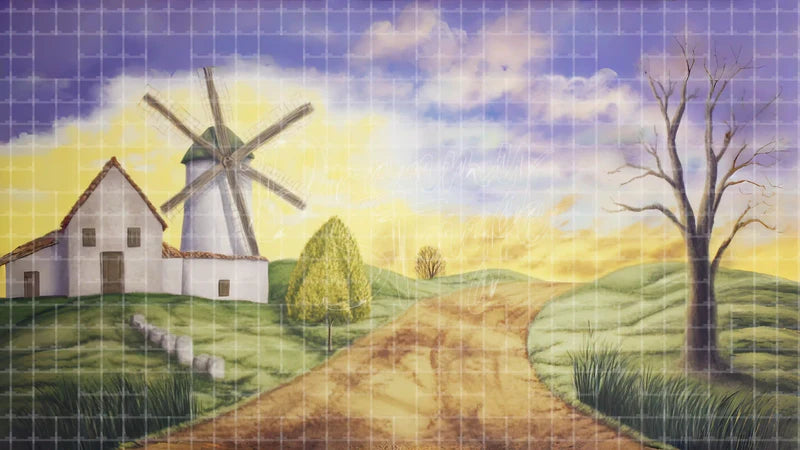 Dutch Windmill Countryside digital stage backdrop for theatre projection, dance recital, school musical, community theatre, LED screen background, and printable stage scenery.