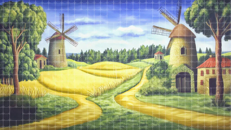 Windmill Village Field digital stage backdrop for theatre projection, dance recital, school musical, community theatre, LED screen background, and printable stage scenery.
