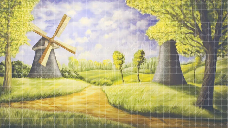 Golden Windmill Landscape digital stage backdrop for theatre projection, dance recital, school musical, community theatre, LED screen background, and printable stage scenery.
