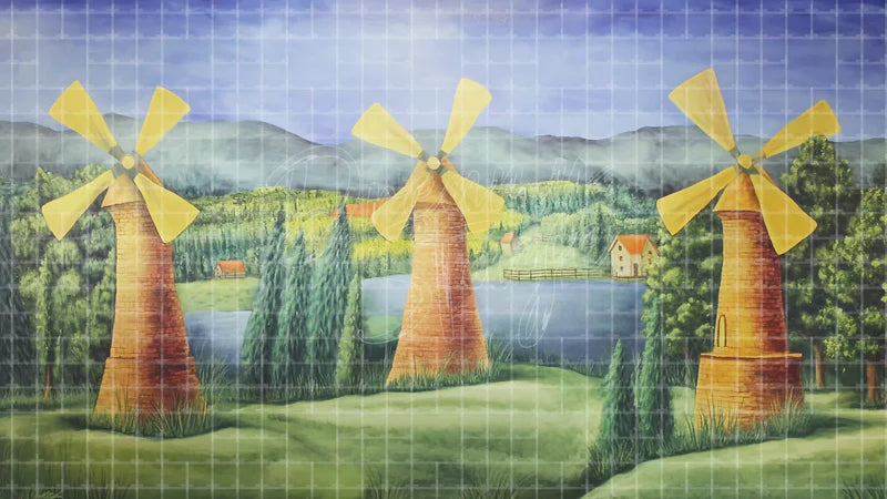 Three Windmills Lake digital stage backdrop for theatre projection, dance recital, school musical, community theatre, LED screen background, and printable stage scenery.