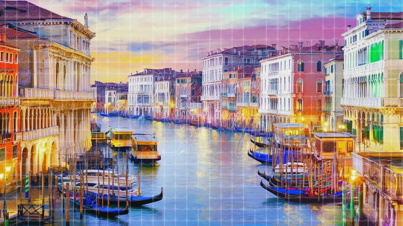 Bright Venice Grand Canal digital stage backdrop for theatre projection, dance recital, school musical, community theatre, LED screen background, and printable stage scenery. Suitable for The Light in the Piazza, Light in the Piazza, The Gondoliers inspired productions,