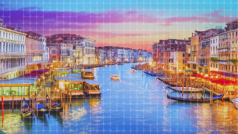 Colorful Venice Canal Sunset digital stage backdrop for theatre projection, dance recital, school musical, community theatre, LED screen background, and printable stage scenery. Suitable for The Light in the Piazza, Light in the Piazza, The Gondoliers inspired productions,
