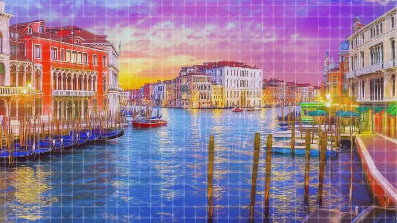 Venice Canal City Lights digital stage backdrop for theatre projection, dance recital, school musical, community theatre, LED screen background, and printable stage scenery. Suitable for The Light in the Piazza, Light in the Piazza, The Gondoliers inspired productions,
