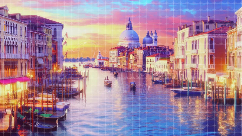 Venice Sunset Canal digital stage backdrop for theatre projection, dance recital, school musical, community theatre, LED screen background, and printable stage scenery. Suitable for The Light in the Piazza, Light in the Piazza, The Gondoliers inspired productions,