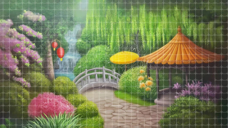Japanese Garden Pagoda digital stage backdrop for theatre projection, dance recital, school musical, community theatre, LED screen background, and printable stage scenery. Suitable for The King and I, King and I, Madama Butterfly inspired productions,