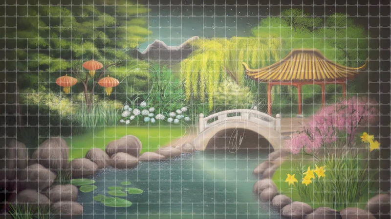 Japanese Garden Bridge digital stage backdrop for theatre projection, dance recital, school musical, community theatre, LED screen background, and printable stage scenery. Suitable for The King and I, King and I, Madama Butterfly inspired productions,