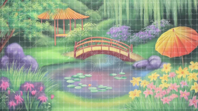 Asian Garden Pond Bridge digital stage backdrop for theatre projection, dance recital, school musical, community theatre, LED screen background, and printable stage scenery. Suitable for The King and I, King and I, Madama Butterfly inspired productions,