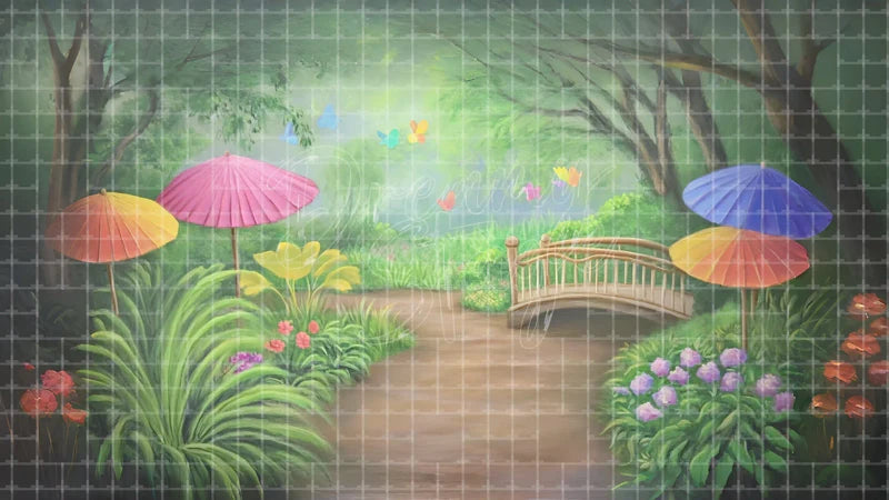 Japanese Garden Path Umbrellas digital stage backdrop for theatre projection, dance recital, school musical, community theatre, LED screen background, and printable stage scenery. Suitable for The King and I, King and I, Madama Butterfly inspired productions,
