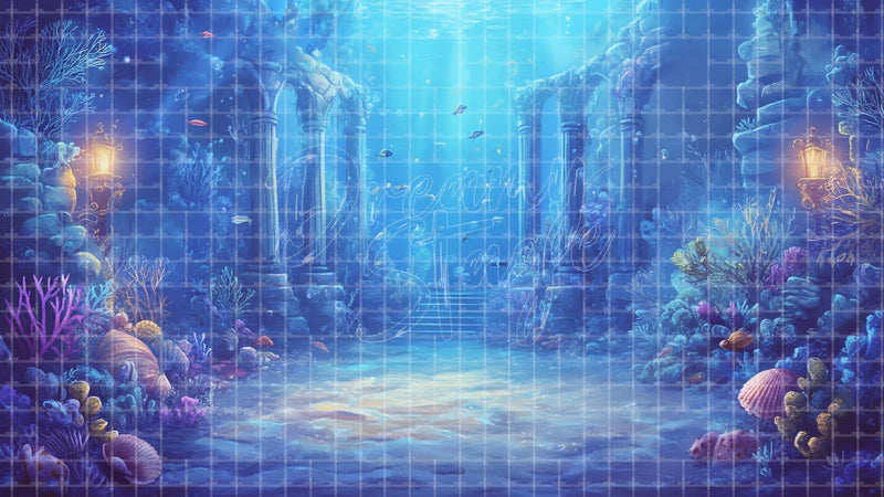 Undersea Ruins Coral digital stage backdrop for theatre projection, dance recital, school musical, community theatre, LED screen background, and printable stage scenery. Suitable for The Little Mermaid, Little Mermaid, Finding Nemo inspired productions,