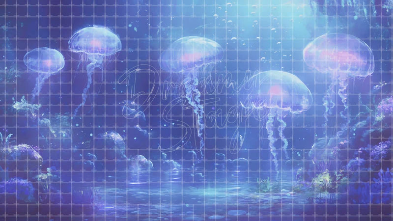 Purple Jellyfish Sea digital stage backdrop for theatre projection, dance recital, school musical, community theatre, LED screen background, and printable stage scenery. Suitable for The Little Mermaid, Little Mermaid, Finding Nemo inspired productions,