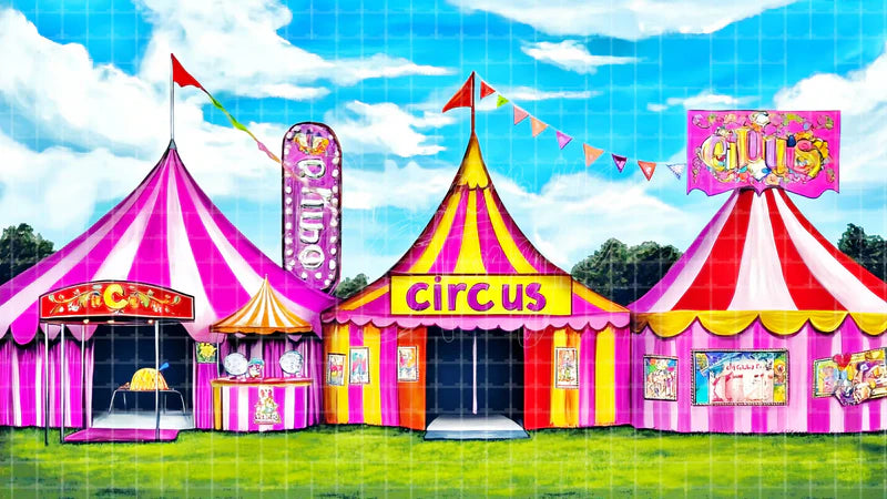 Circus Tent Exterior digital stage backdrop for theatre projection, dance recital, school musical, community theatre, LED screen background, and printable stage scenery. Suitable for The Greatest Showman, Greatest Showman, Barnum inspired productions,