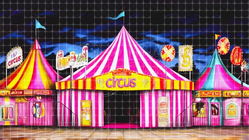 Colorful Circus Tent digital stage backdrop for theatre projection, dance recital, school musical, community theatre, LED screen background, and printable stage scenery. Suitable for The Greatest Showman, Greatest Showman, Barnum inspired productions,