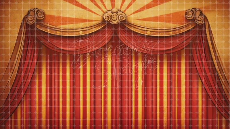 Vintage Red Circus Drapes digital stage backdrop for theatre projection, dance recital, school musical, community theatre, LED screen background, and printable stage scenery. Suitable for The Greatest Showman, Greatest Showman, Barnum inspired productions,
