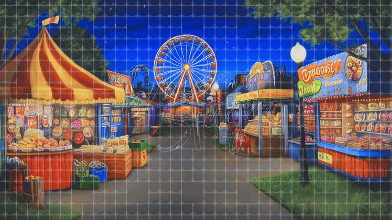 Carnival Midway Night digital stage backdrop for theatre projection, dance recital, school musical, community theatre, LED screen background, and printable stage scenery. Suitable for The Greatest Showman, Greatest Showman, Barnum inspired productions,