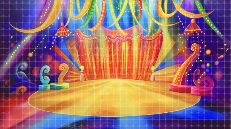 Colorful Circus Show digital stage backdrop for theatre projection, dance recital, school musical, community theatre, LED screen background, and printable stage scenery. Suitable for The Greatest Showman, Greatest Showman, Barnum inspired productions,