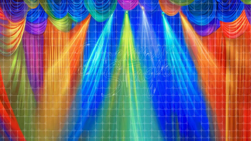 Rainbow Circus Lights digital stage backdrop for theatre projection, dance recital, school musical, community theatre, LED screen background, and printable stage scenery. Suitable for The Greatest Showman, Greatest Showman, Barnum inspired productions,