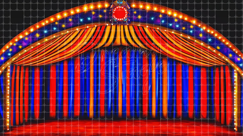 Blue Red Big Top Curtain digital stage backdrop for theatre projection, dance recital, school musical, community theatre, LED screen background, and printable stage scenery. Suitable for The Greatest Showman, Greatest Showman, Barnum inspired productions,