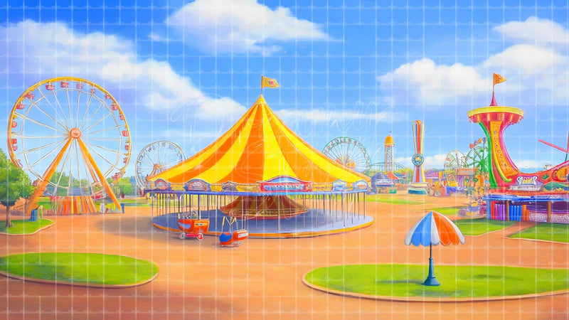 Amusement Park Carnival digital stage backdrop for theatre projection, dance recital, school musical, community theatre, LED screen background, and printable stage scenery. Suitable for The Greatest Showman, Greatest Showman, Barnum inspired productions,