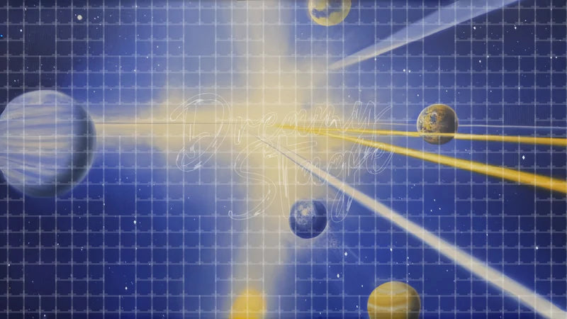 Planet Light Beam Space digital stage backdrop for theatre projection, dance recital, school musical, community theatre, LED screen background, and printable stage scenery. Suitable for The Little Prince, Little Prince, Peter and the Starcatcher inspired productions,