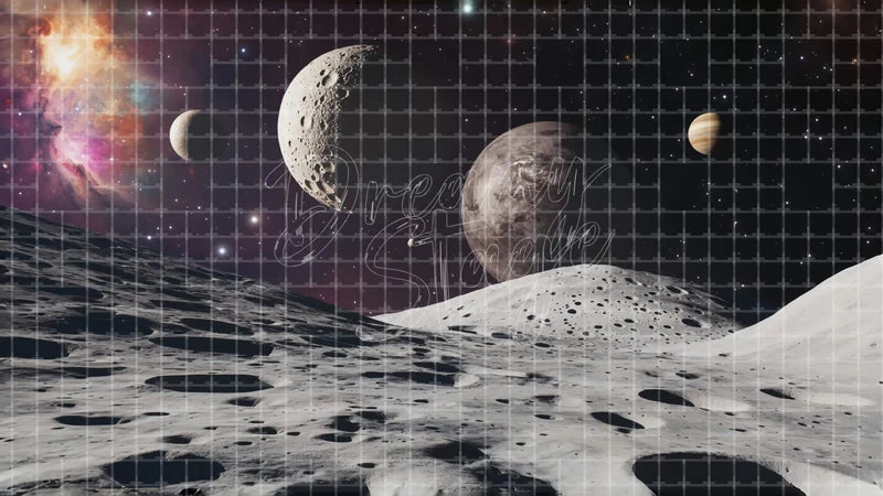 Lunar Landscape With Planets digital stage backdrop for theatre projection, dance recital, school musical, community theatre, LED screen background, and printable stage scenery. Suitable for The Little Prince, Little Prince, Peter and the Starcatcher inspired productions,