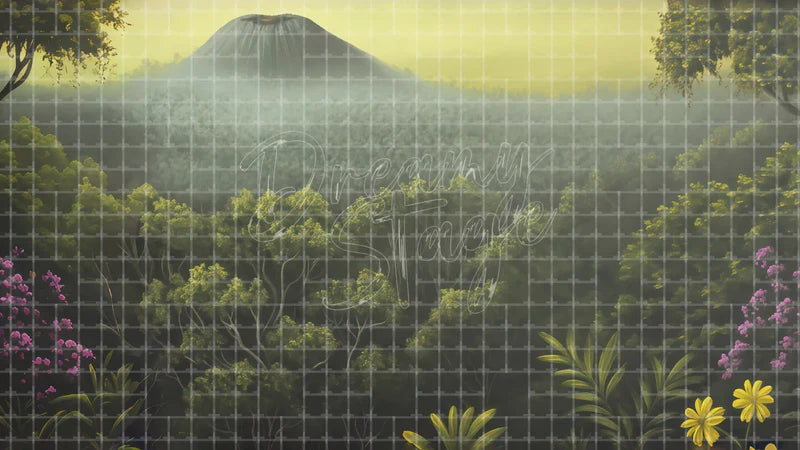 Sunlit Tropical Forest Mountain digital stage backdrop for theatre projection, dance recital, school musical, community theatre, LED screen background, and printable stage scenery. Suitable for The Jungle Book, Jungle Book, Tarzan inspired productions,